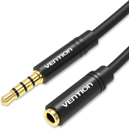 3.5mm Audio Mic Extension Cable，VENTION Headphone Extension Cable 4 pole 3.5mm audio extension cable Stereo audio cable, gold-plated interface nylon braided cable, for headset/TV/laptop (0.5M)