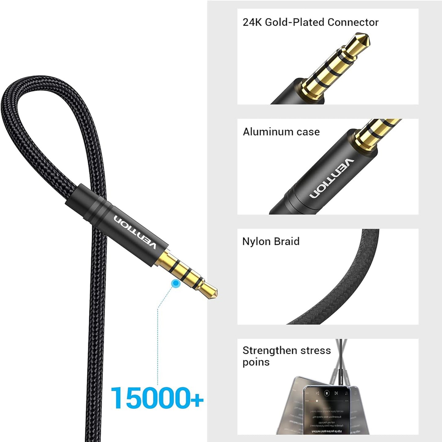 3.5mm Audio Mic Extension Cable，VENTION Headphone Extension Cable 4 pole 3.5mm audio extension cable Stereo audio cable, gold-plated interface nylon braided cable, for headset/TV/laptop (0.5M)