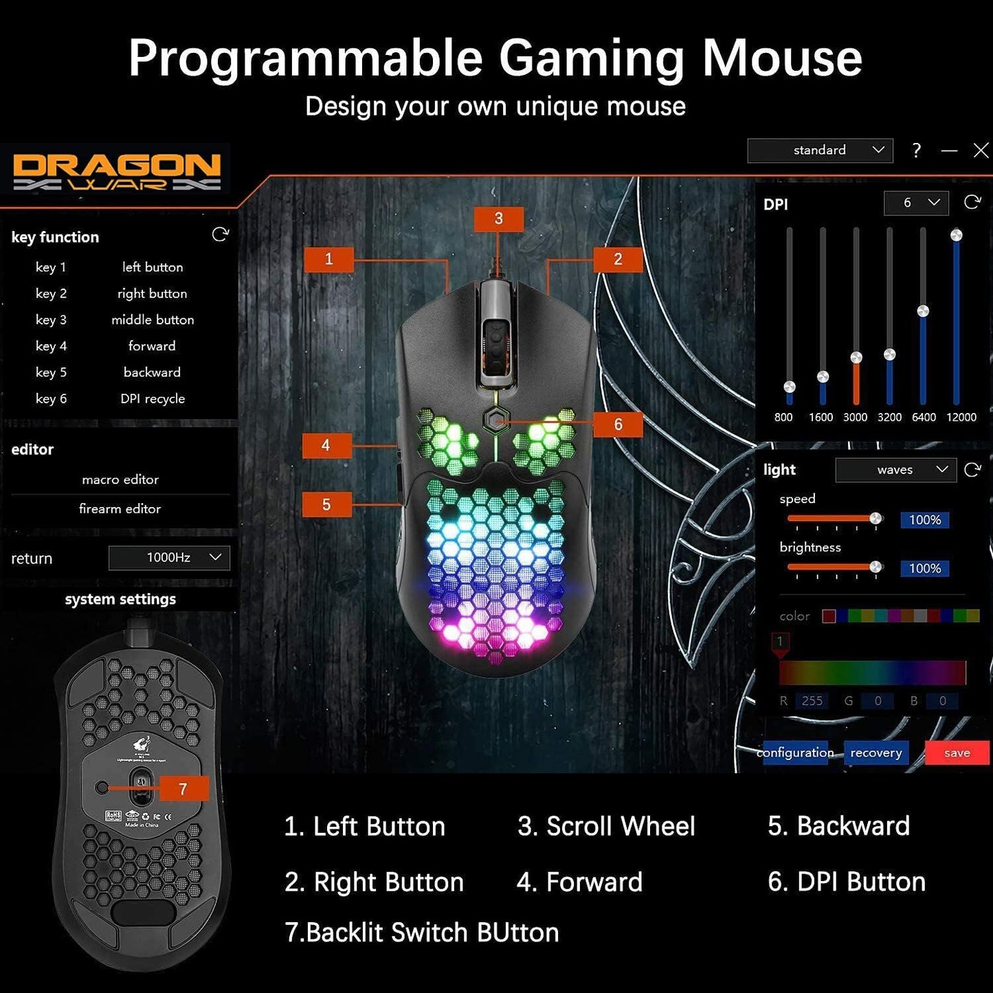 Dragon War G25 RGB (Black) Gaming Mouse, Lightweight Honeycomb Shell USB Wired Mouse with 12000 DPI Optical Sensor and Macro Function