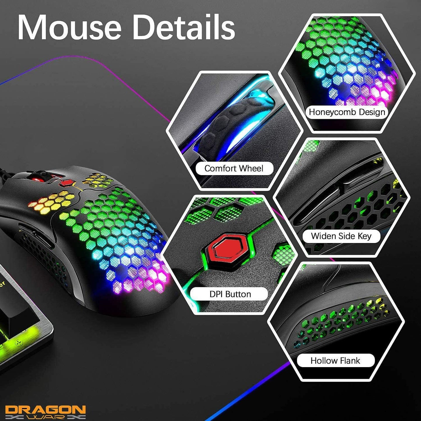 Dragon War G25 RGB (Black) Gaming Mouse, Lightweight Honeycomb Shell USB Wired Mouse with 12000 DPI Optical Sensor and Macro Function