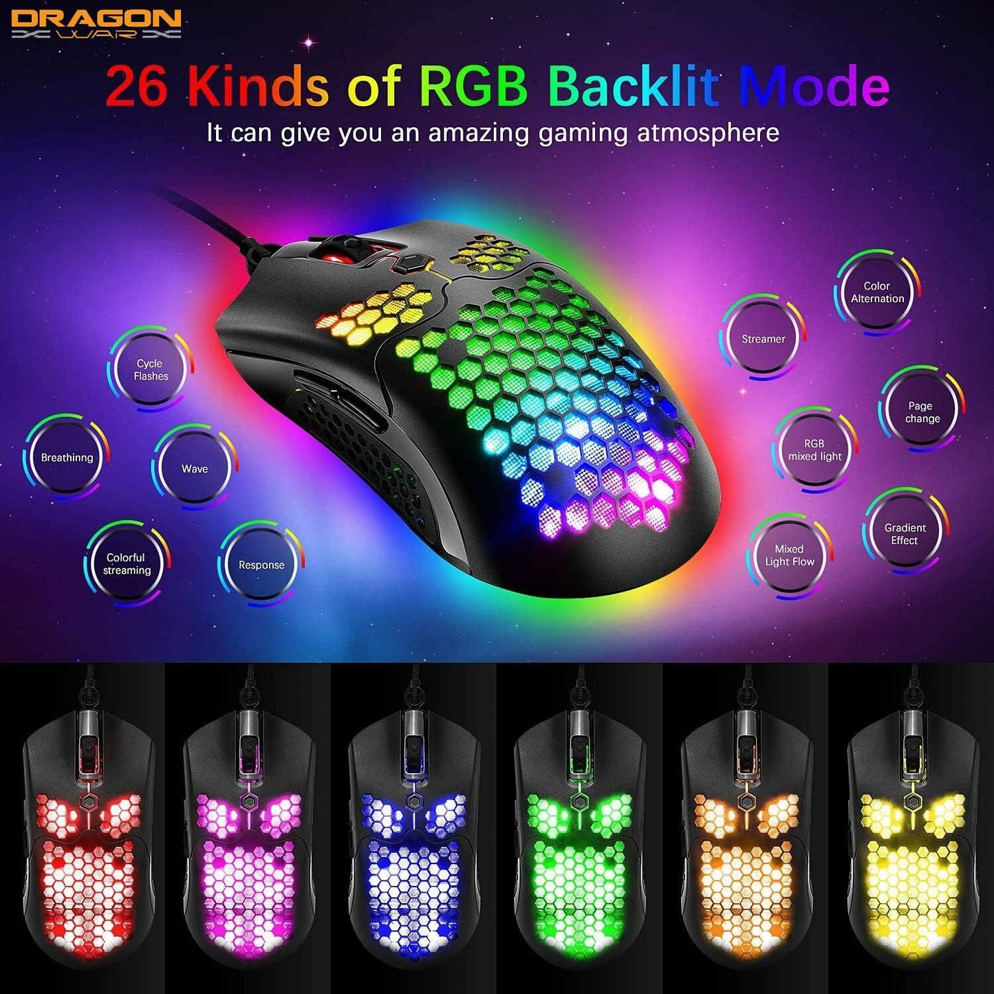 Dragon War G25 RGB (Black) Gaming Mouse, Lightweight Honeycomb Shell USB Wired Mouse with 12000 DPI Optical Sensor and Macro Function