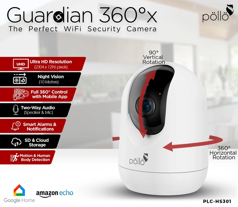 POLO HS301 Polo 3MP Indoor Guardian 360°x Smart Wi-Fi PTZ Security Camera IR Night Vision with 2-Way Audio and Human Tracking